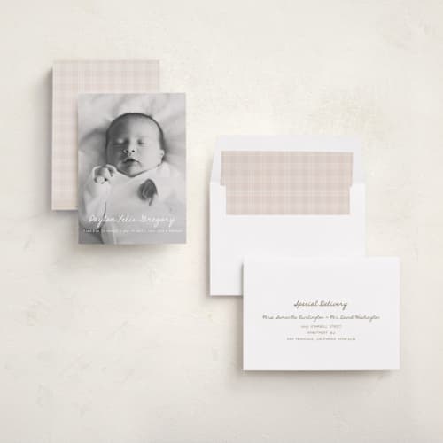 This is a milk birth announcements with standard by chocomocacino called cassatina printing on recycled smooth signature in standard