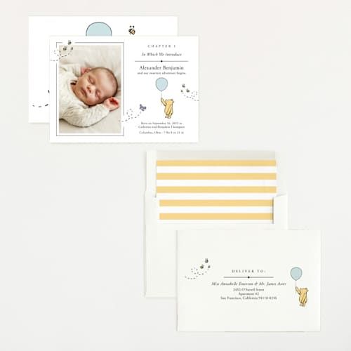 This is a cloud birth announcements with standard by Heather Schertzer called disney sweetest adventure printing on recycled smooth signature in standard
