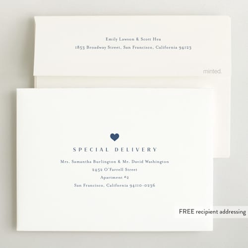 This is a cobalt birth announcements with standard by Stacey Meacham called simple name printing on recycled smooth signature in standard