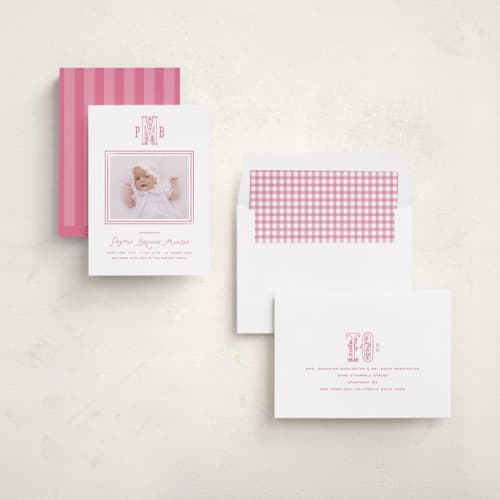 This is a candy birth announcements with standard by Kamala Nahas called filigree monogram printing on recycled smooth signature in standard