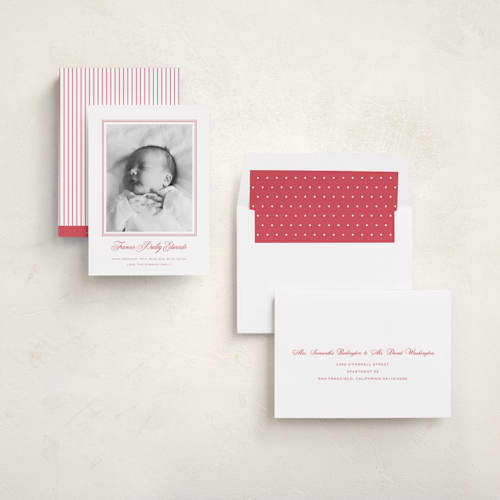 This is a strawberry birth announcements with standard by Carolyn MacLaren called preppy cloud printing on recycled smooth signature in standard