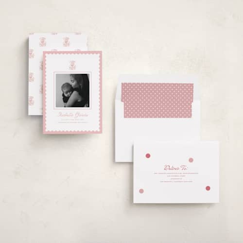 This is a petal birth announcements with standard by Teju Reval called sweet teddy bear printing on recycled smooth signature in standard