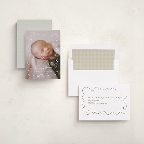 This is a linen birth announcements with standard by Zove Ahhh called dreamland printing on recycled smooth signature in standard