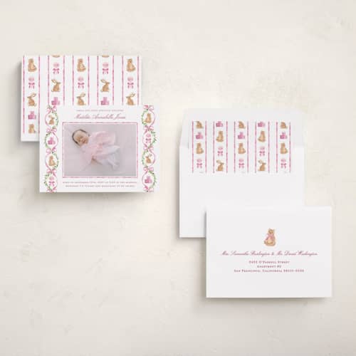 This is a ballet birth announcements with standard by Sarah Knight called bow printing on recycled smooth signature in standard