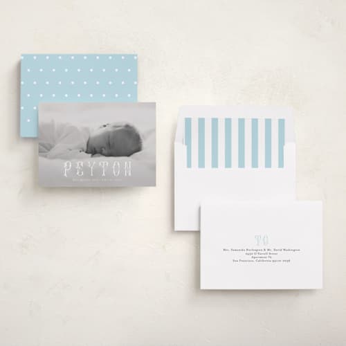 This is a clouds birth announcements with standard by Lori Wemple called sophia printing on recycled smooth signature in standard