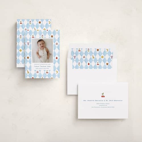 This is a sky birth announcements with standard by Sarah Knight called playtime printing on recycled smooth signature in standard