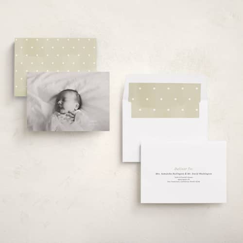 This is a linen birth announcements with standard by Ani Somi called sabine printing on recycled smooth signature in standard