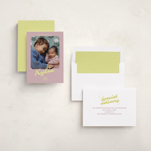 This is a mauve birth announcements with standard by Inkblot Design called retro printing on recycled smooth signature in standard