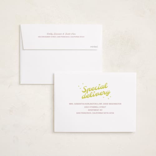 This is a mauve birth announcements with standard by Inkblot Design called retro printing on recycled smooth signature in standard