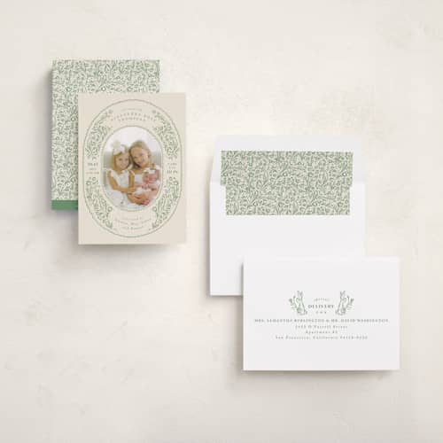 This is a sage birth announcements with standard by Anastasia Makarova called bunnies and flowers printing on recycled smooth signature in standard