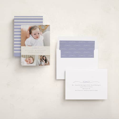 This is a periwinkle birth announcements with standard by Laura Hankins called scallops printing on recycled smooth signature in standard
