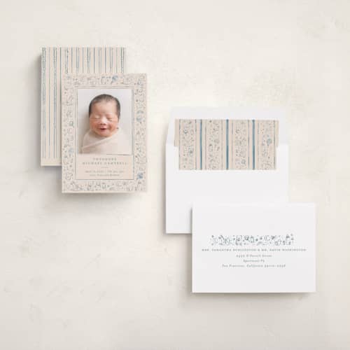 This is a bluebird birth announcements with standard by Creo Study called iconic bebe printing on recycled smooth signature in standard