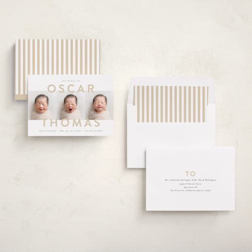 This is a sand birth announcements with standard by Carolyn MacLaren called trio overlay printing on recycled smooth signature in standard