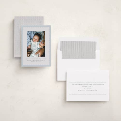 This is a sky birth announcements with standard by Nicoletta Savod called charmed printing on recycled smooth signature in standard