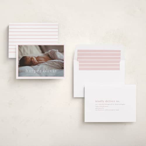 This is a rose birth announcements with standard by Alexandra Cohn called portraiture printing on recycled smooth signature in standard