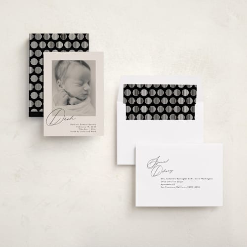 This is a vanilla birth announcements with standard by Olivia Raufman called dashing printing on recycled smooth signature in standard
