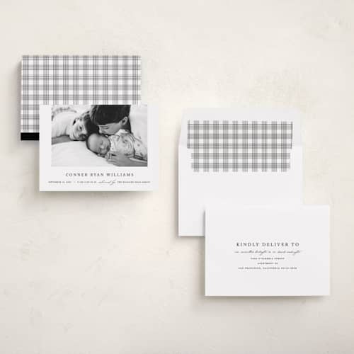 This is a onyx birth announcements with standard by Pixel and Hank called dreamer printing on recycled smooth signature in standard