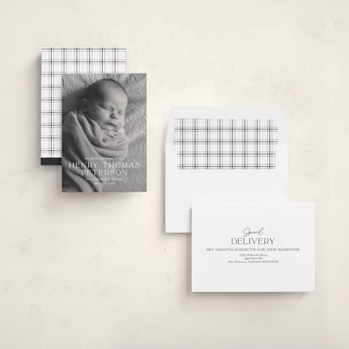 This is a powder birth announcements with standard by Melissa Egan of Pistols called refined printing on recycled smooth signature in standard