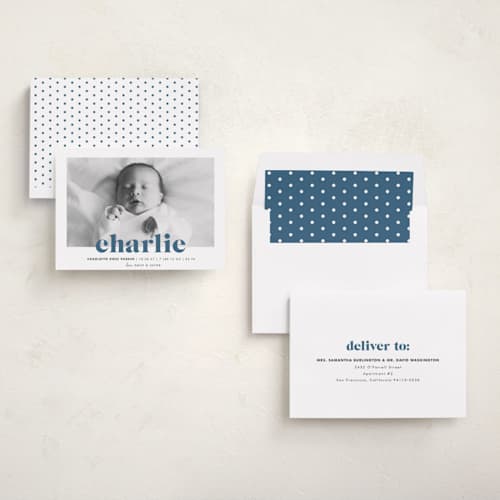 This is a bluebird birth announcements with standard by Shirley Lin Schneider called bold nickname printing on recycled smooth signature in standard