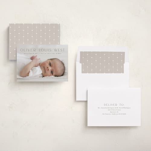 This is a fog birth announcements with standard by Julia Hall called our hearts printing on recycled smooth signature in standard