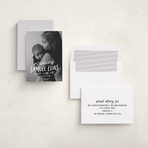 This is a cloud birth announcements with standard by Lea Delaveris called all write printing on recycled smooth signature in standard
