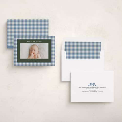 This is a marine birth announcements with standard by Kelly Watkins called layered gingham printing on recycled smooth signature in standard