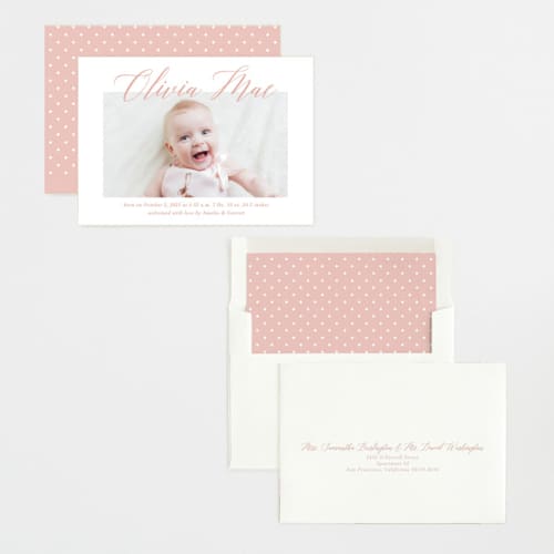 This is a sweet pea birth announcements with standard by Jennifer Postorino called sweet script printing on recycled smooth signature in standard