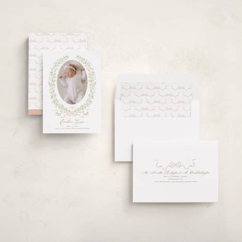 This is a vintage rose birth announcements with standard by Susan Zinader called floral crest printing on recycled smooth signature in standard