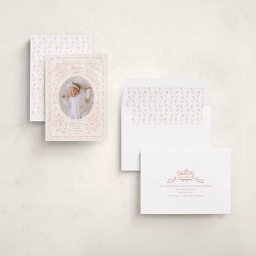 This is a peony birth announcements with standard by JeAnna Casper called adelaide printing on recycled smooth signature in standard