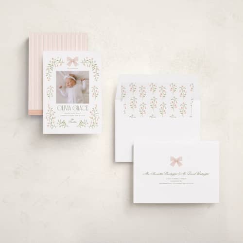 This is a blush birth announcements with standard by Paper Raven Co. called sweet adelaide printing on recycled smooth signature in standard