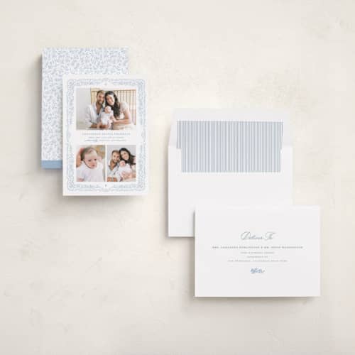 This is a powder birth announcements with standard by Paper Raven Co. called constance printing on recycled smooth signature in standard