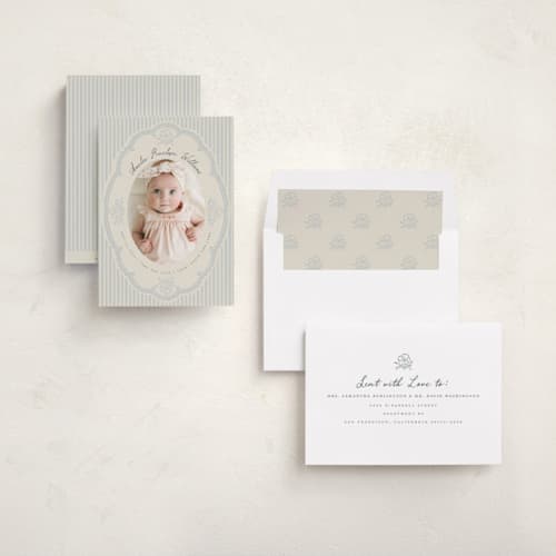 This is a powder birth announcements with standard by Vera Lim called vintage lace stripes printing on recycled smooth signature in standard