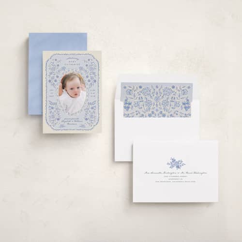 This is a delft birth announcements with standard by Grae called porcelain and lace printing on recycled smooth signature in standard