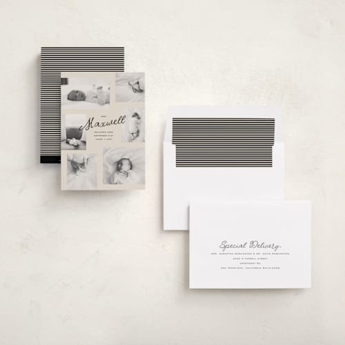 This is a ink birth announcements with standard by Kamala Nahas called pick six printing on recycled smooth signature in standard