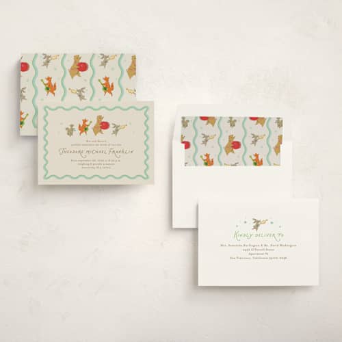 This is a sage birth announcements with standard by Jackie Crawford called woodland jamboree printing on signature in standard