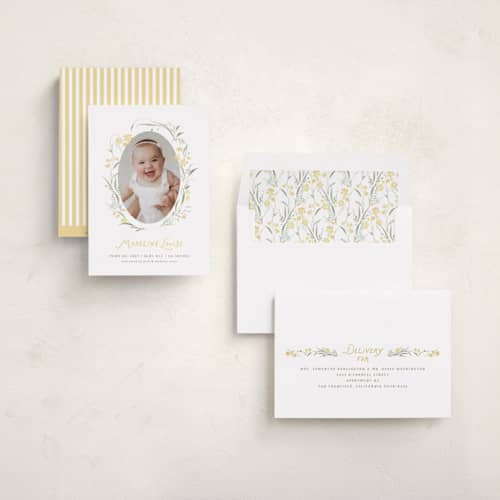 This is a lemon birth announcements with standard by Erin L. Wilson called dainty wreath printing on recycled smooth signature in standard