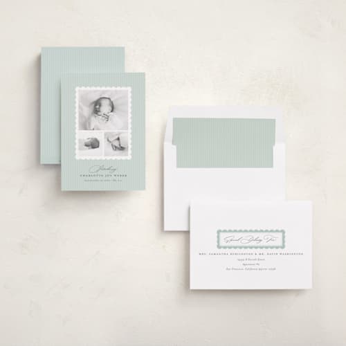 This is a pool birth announcements with standard by Sarah Curry called scalloped gallery printing on recycled smooth signature in standard