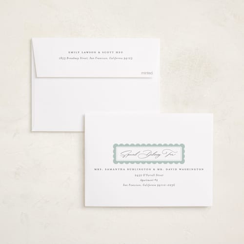 This is a pool birth announcements with standard by Sarah Curry called scalloped gallery printing on recycled smooth signature in standard