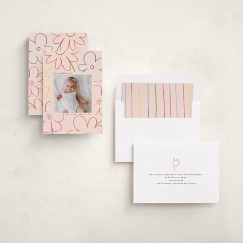 This is a blush birth announcements with standard by Morgan Kendall called spring flowers printing on recycled smooth signature in standard