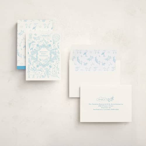 This is a cerulean birth announcements with standard by Paloma Morand Monteil called my little world tour printing on signature in standard