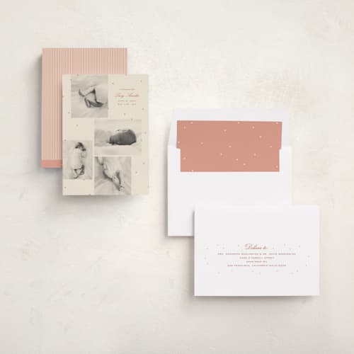 This is a peach birth announcements with standard by Ellen Schlegelmilch called tiny polka dots printing on recycled smooth signature in standard
