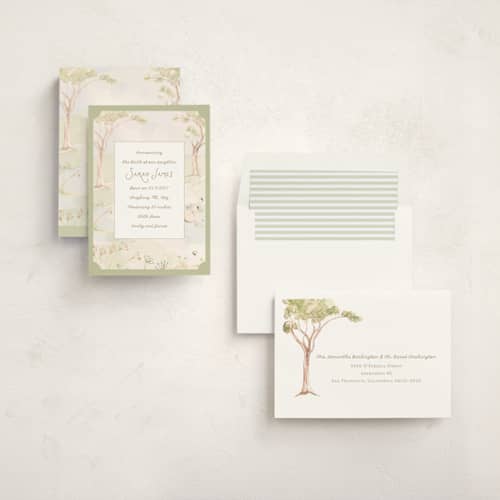 This is a sage birth announcements with standard by Teju Reval called dreamy lake printing on signature in standard