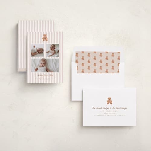 This is a pinky birth announcements with standard by Erin German called teddy bear stripes printing on recycled smooth signature in standard