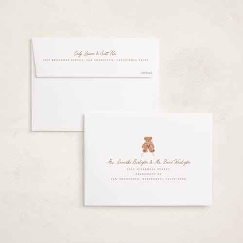 This is a pinky birth announcements with standard by Erin German called teddy bear stripes printing on recycled smooth signature in standard