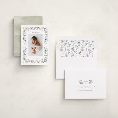 This is a garden birth announcements with standard by Kate Ahn called provence printing on recycled smooth signature in standard