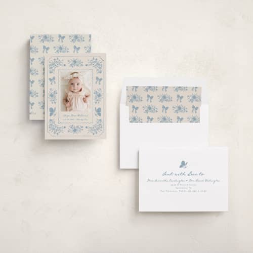 This is a duck egg birth announcements with standard by Vera Lim called vintage love printing on recycled smooth signature in standard