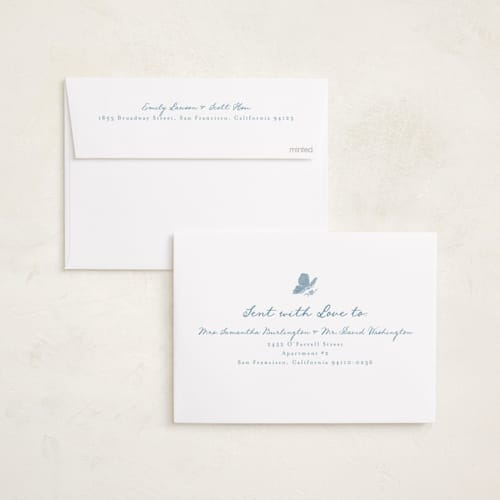 This is a duck egg birth announcements with standard by Vera Lim called vintage love printing on recycled smooth signature in standard