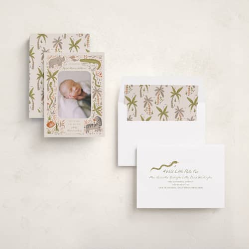 This is a canopy birth announcements with standard by Vera Lim called hello safari printing on recycled smooth signature in standard