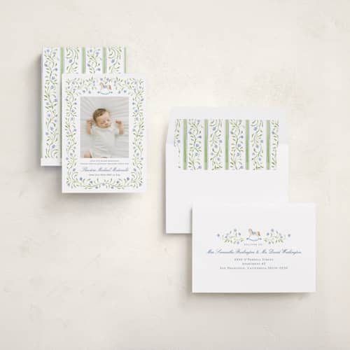 This is a cornflower birth announcements with standard by Sarah Knight called theodore printing on recycled smooth signature in standard
