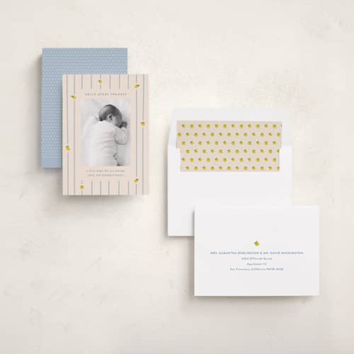 This is a carribean birth announcements with standard by Carolyn MacLaren called lemon stripes printing on recycled smooth signature in standard